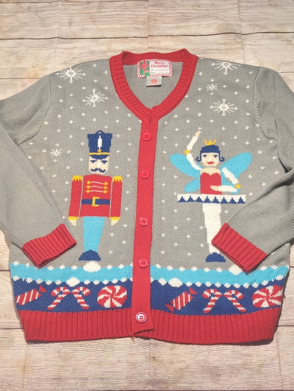Merry Christmas V-neck Pullover Knit Nutcracker Sugarplum Fairy Xmas Sweater Lg